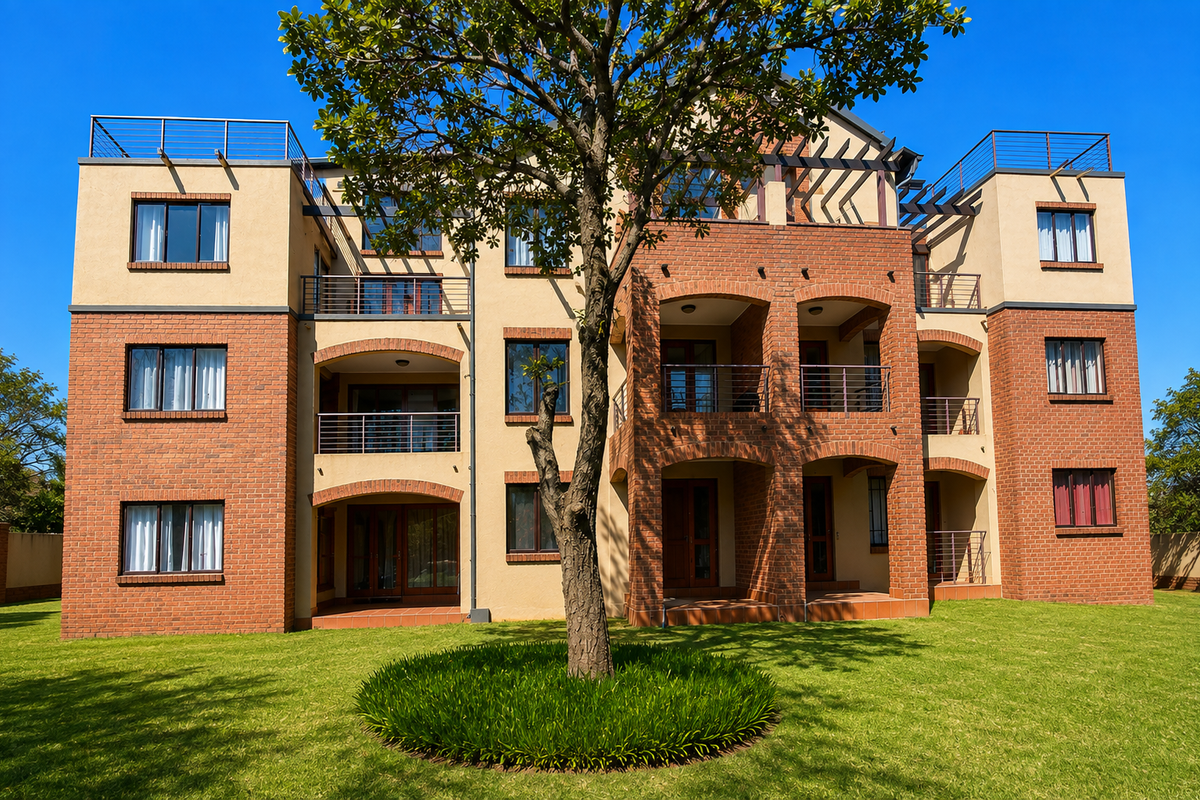 A well-maintained apartment building featuring a brick and plaster facade, multiple balconies with metal railings, and a spacious landscaped garden area.