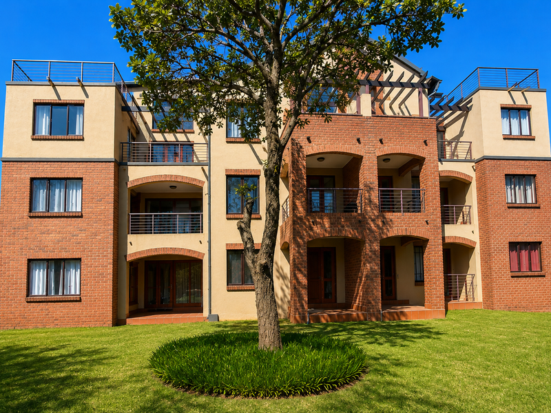 A well-maintained apartment building featuring a brick and plaster facade, multiple balconies with metal railings, and a spacious landscaped garden area.