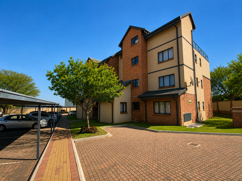 A well-maintained apartment building exterior featuring brick and plaster finishes, paved driveway, and dedicated covered parking bays.