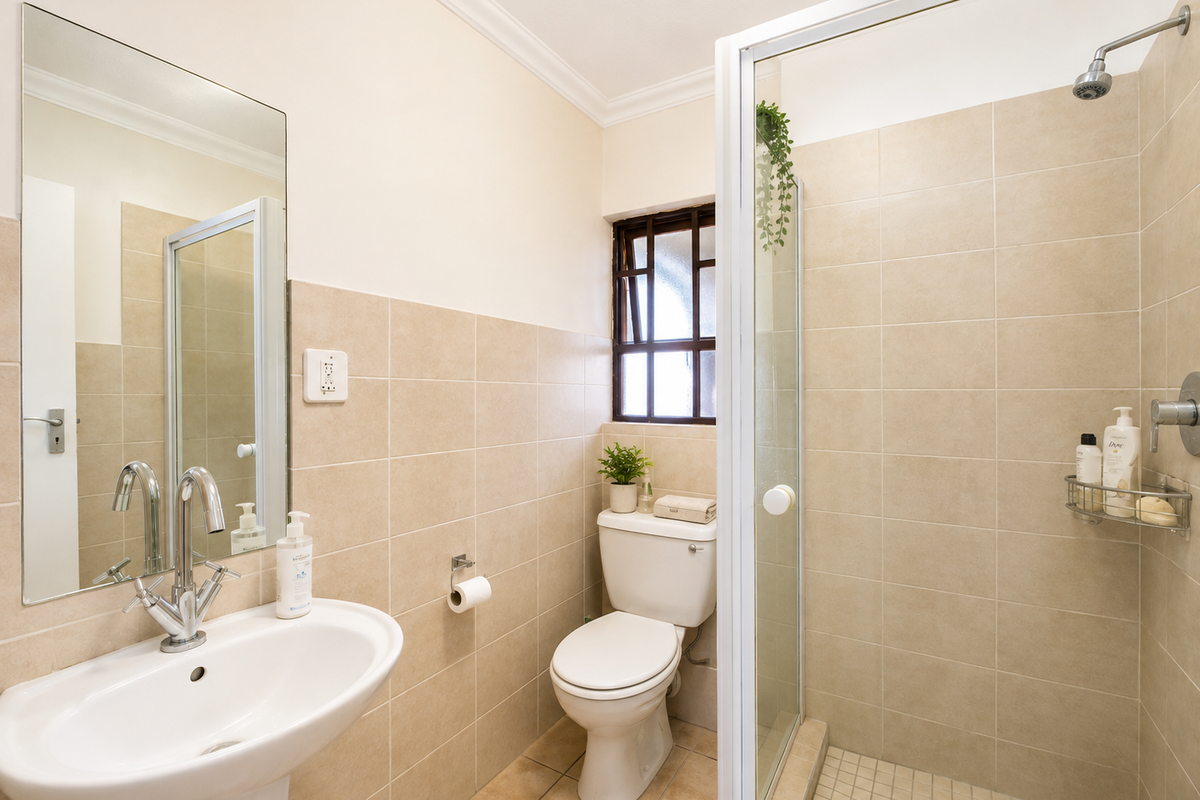 A clean and functional bathroom featuring a pedestal sink, a glass-enclosed shower, and neutral wall tiling.