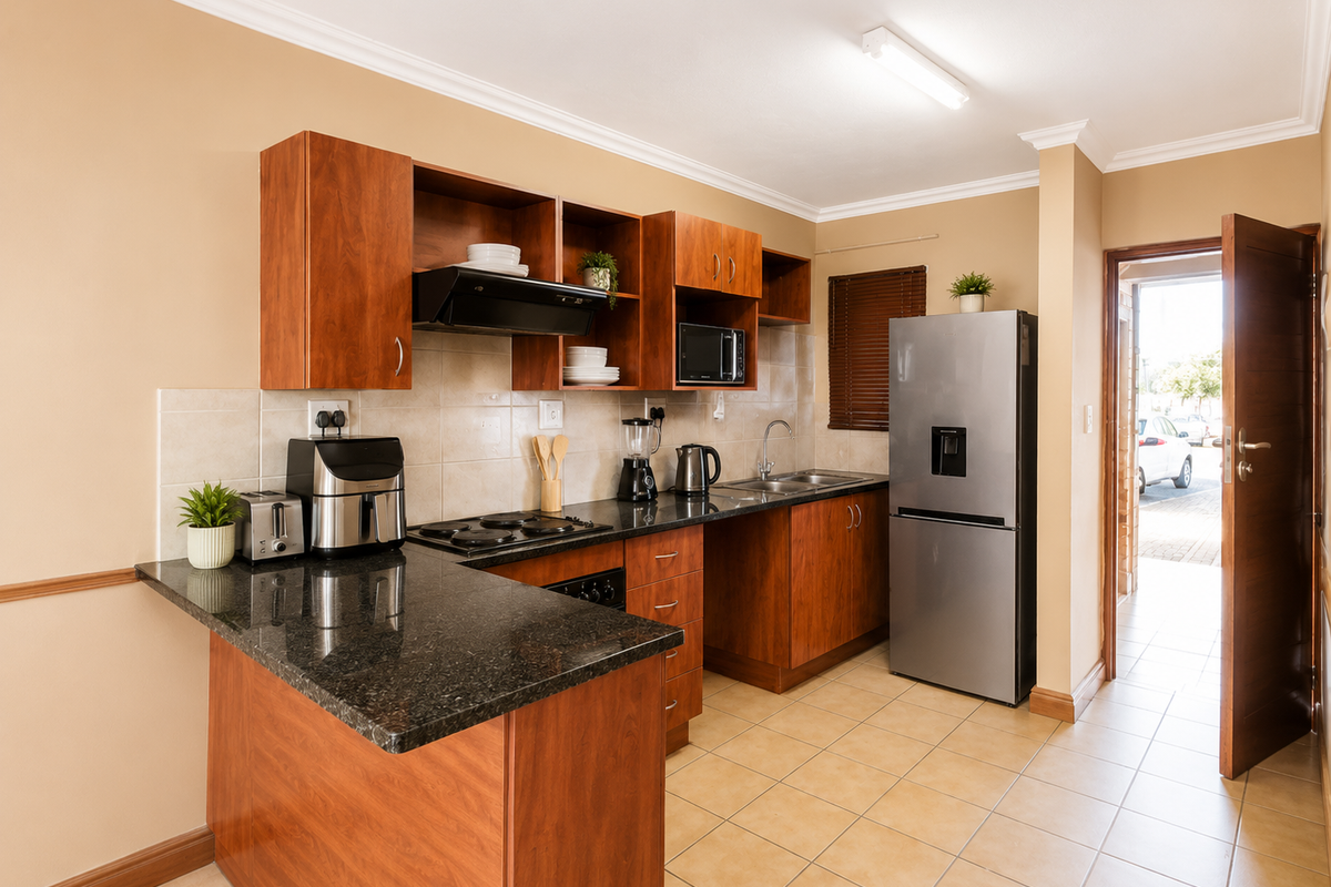 A functional kitchen featuring wooden cabinetry, granite countertops, a built-in hob, and tiled flooring, with direct access to an exterior entrance.