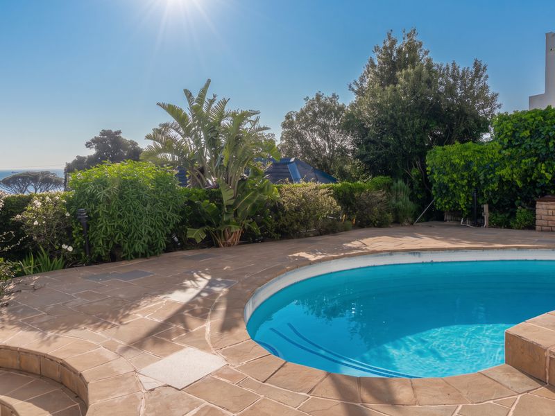 A well-maintained outdoor pool area featuring stone paving, established garden landscaping, and a clear view of the surrounding environment.