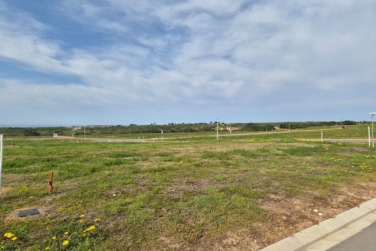A vacant residential plot featuring natural grass coverage, accessible via a paved road with visible utility markers.