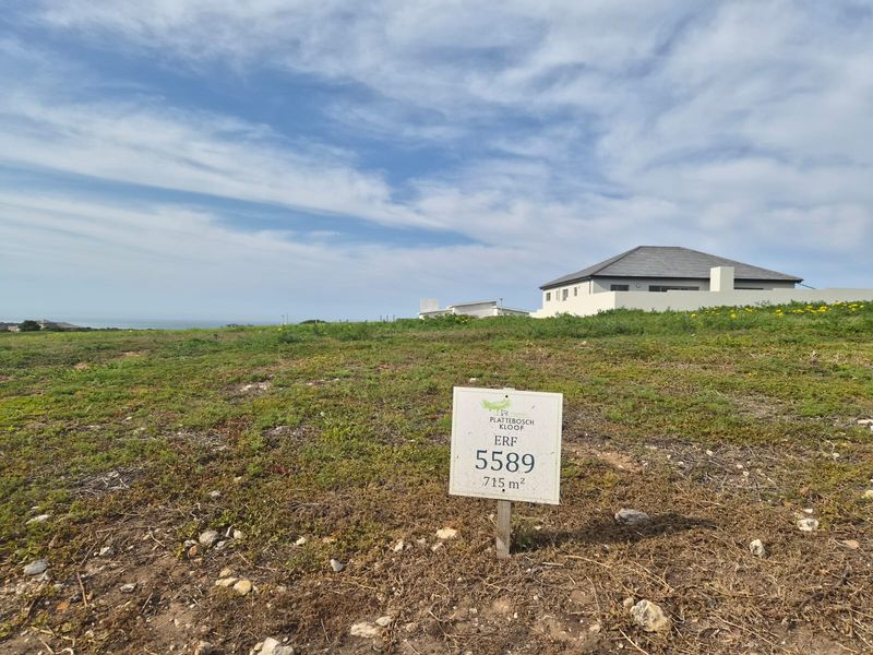 A vacant residential plot of 715 square meters in Plattebosch Kloof, featuring natural vegetation and clear signage indicating the erf number.
