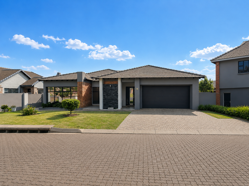 Modern single-story residential home featuring a tiled roof, stone-clad entrance, double garage, and a neatly paved driveway with landscaped front garden.