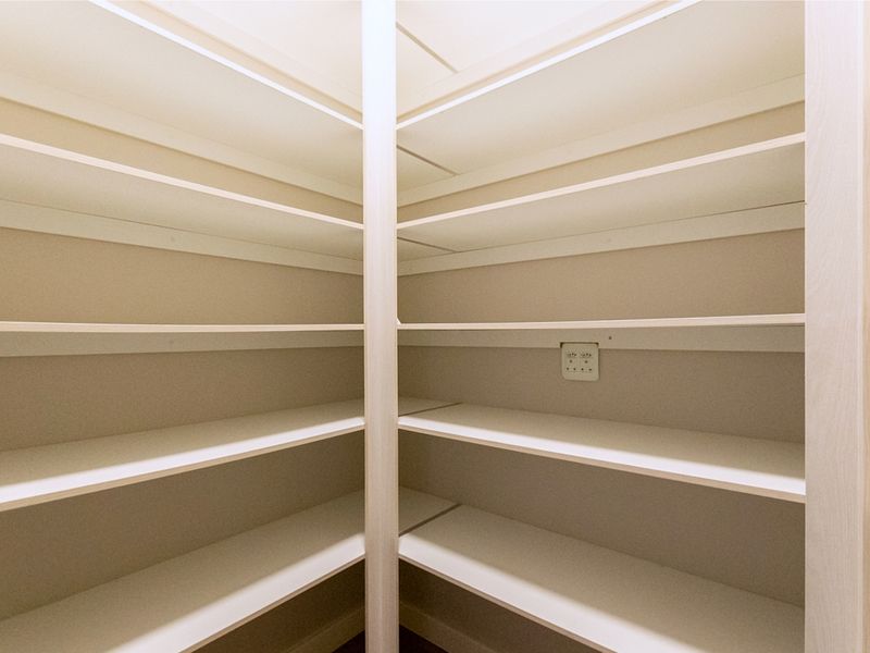 A clean, well-maintained walk-in pantry or scullery featuring extensive built-in shelving and an integrated electrical outlet for convenient appliance storage.