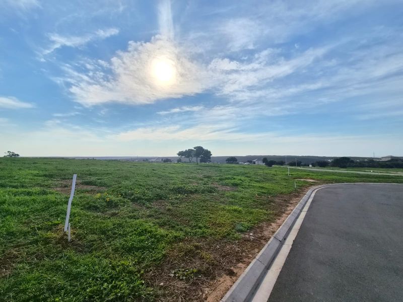 A vacant residential plot featuring a paved road frontage, concrete curbing, and open grassy terrain with clear views of the surrounding landscape.