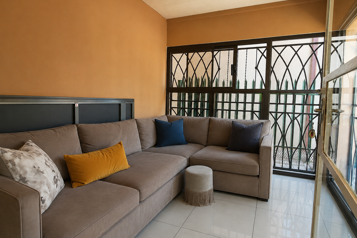 A comfortable living room featuring large format floor tiles and a secure sliding door with integrated security gate.