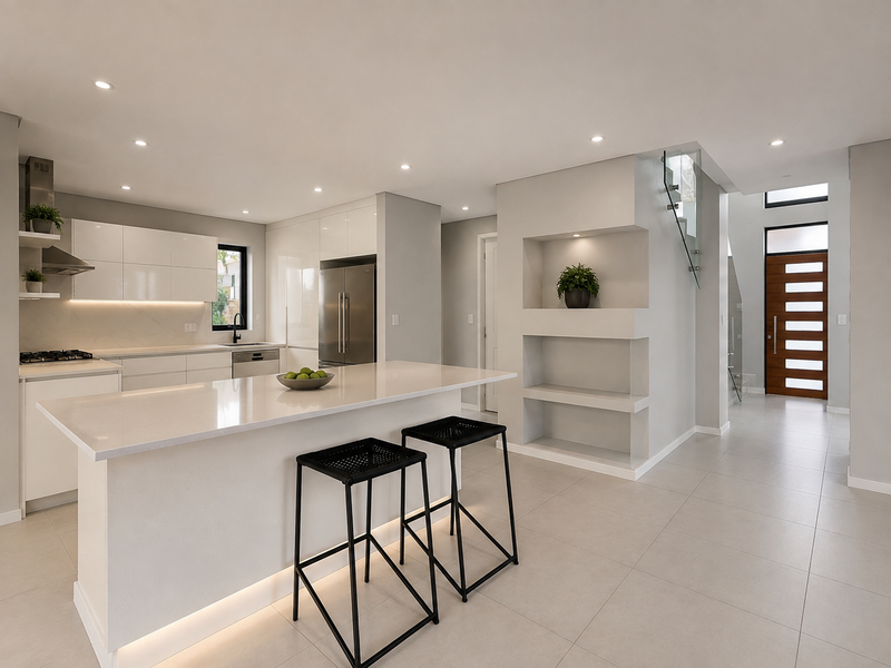 Modern open-plan kitchen featuring sleek white cabinetry, quartz countertops, a central island, and integrated appliances, seamlessly flowing into the entrance hall.