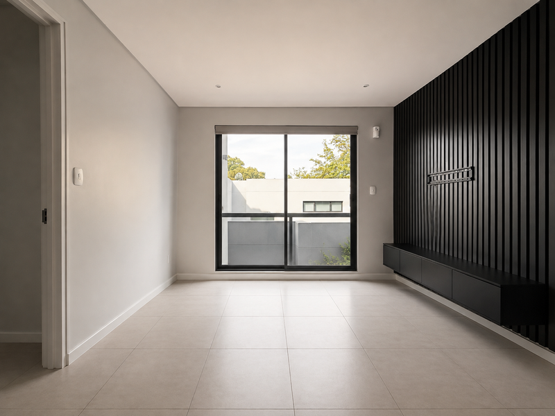 A bright, modern living room featuring a striking black timber slat feature wall, built-in floating cabinetry, and large sliding glass doors.