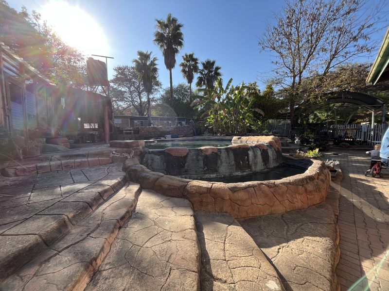 Outdoor pool area featuring a raised rock-style pool, paved patio space, and established garden surroundings.