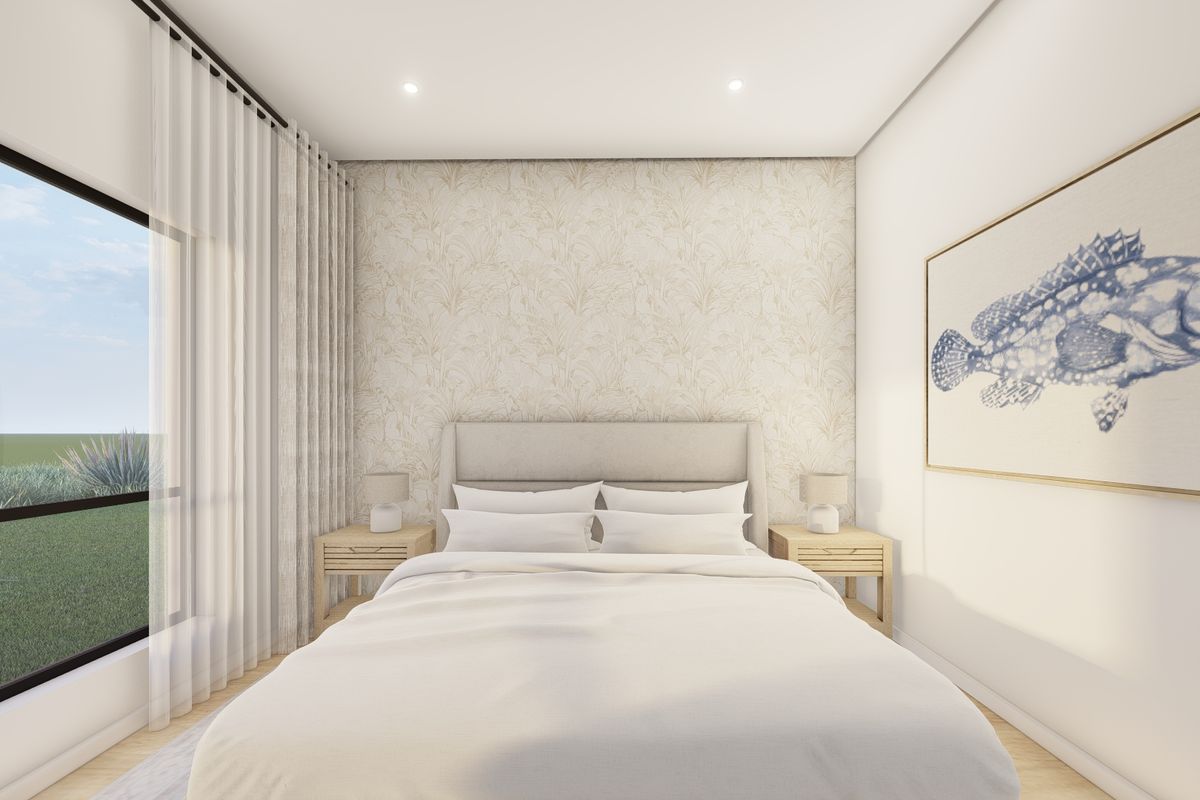 A bright and modern bedroom featuring a large window, recessed downlighting, and neutral finishes, creating a clean and inviting atmosphere.