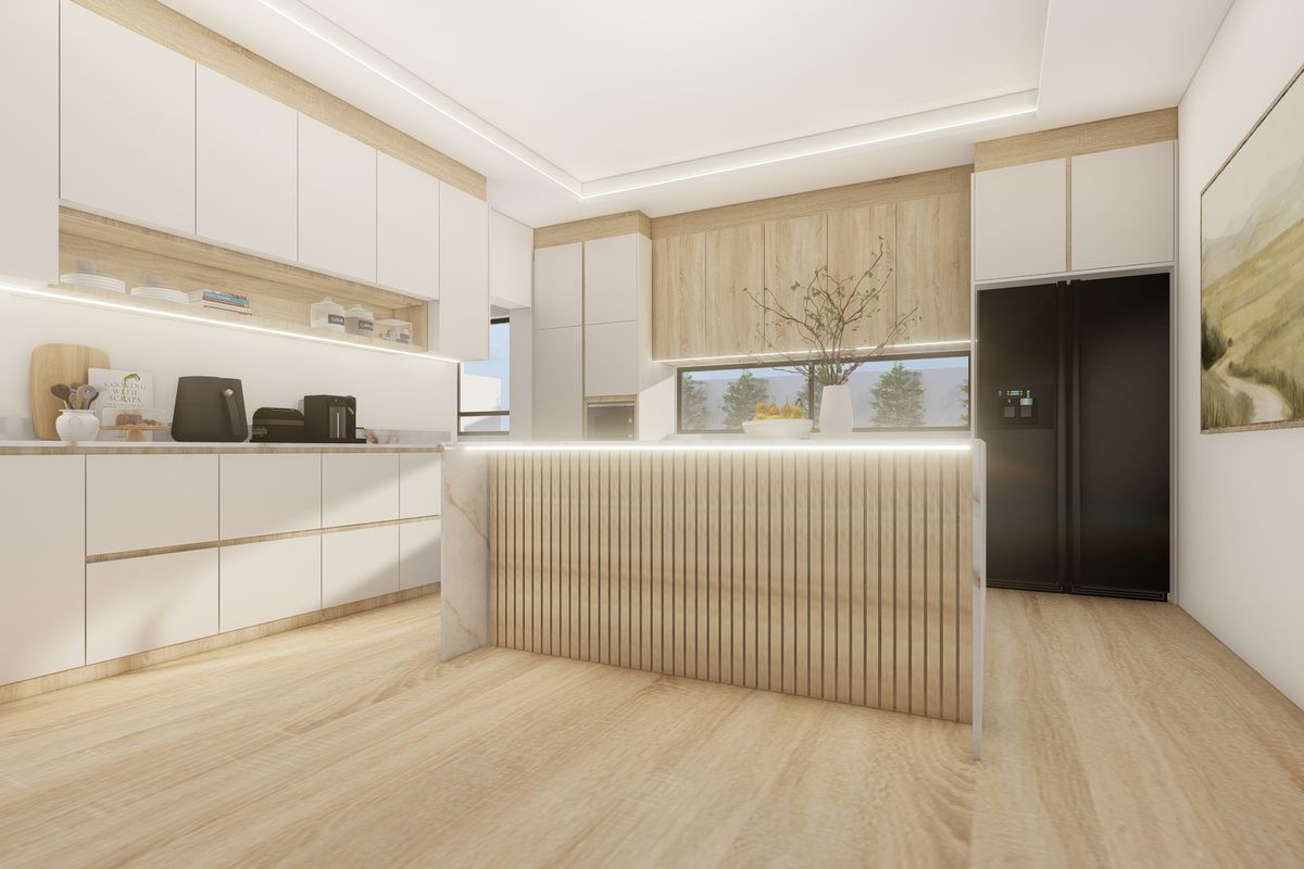 Modern kitchen featuring sleek white and wood-tone cabinetry, a central island with slatted detailing, integrated lighting, and high-end finishes.