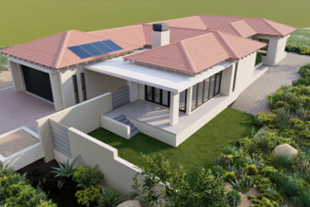 An aerial perspective of a modern residential property featuring a tiled roof with solar panels, a garage, and a covered patio area.