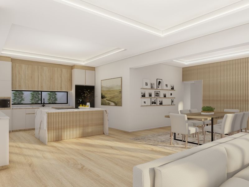 Modern open-plan living area featuring a contemporary kitchen with a marble island, timber slat accents, and recessed ceiling lighting.