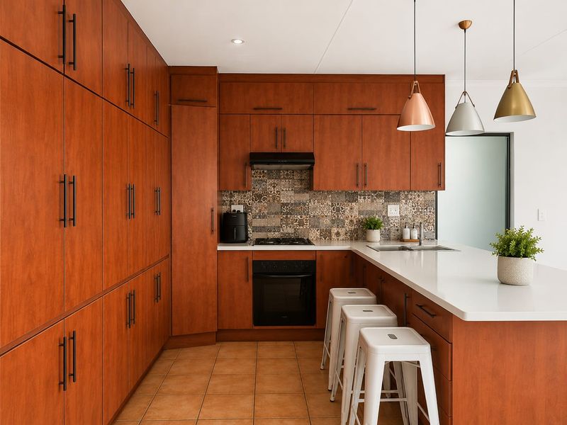 Modern kitchen featuring warm-toned wood cabinetry, quartz countertops, a mosaic tile backsplash, built-in appliances, and a breakfast bar with pendant lighting.