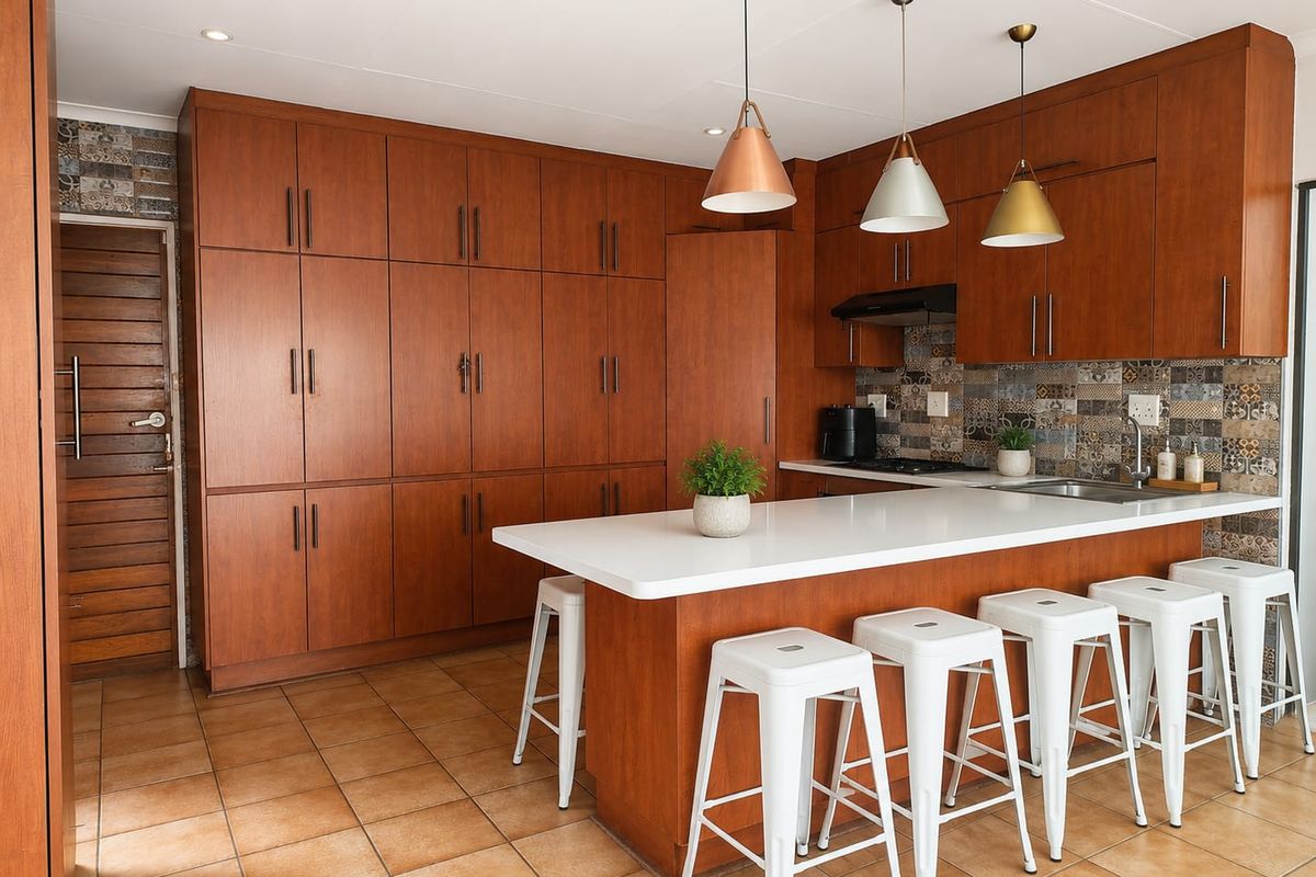 Modern kitchen featuring extensive wood-finish cabinetry, a central island with quartz countertops, mosaic tile backsplash, and stylish pendant lighting.