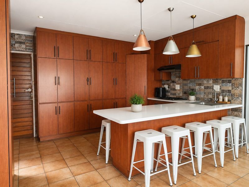 Modern kitchen featuring extensive wood-finish cabinetry, a central island with quartz countertops, mosaic tile backsplash, and stylish pendant lighting.