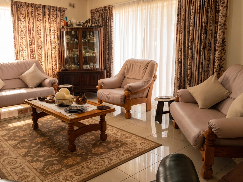 A traditional living room featuring tiled flooring and large windows dressed with floor-to-ceiling curtains, providing a bright and comfortable seating area.