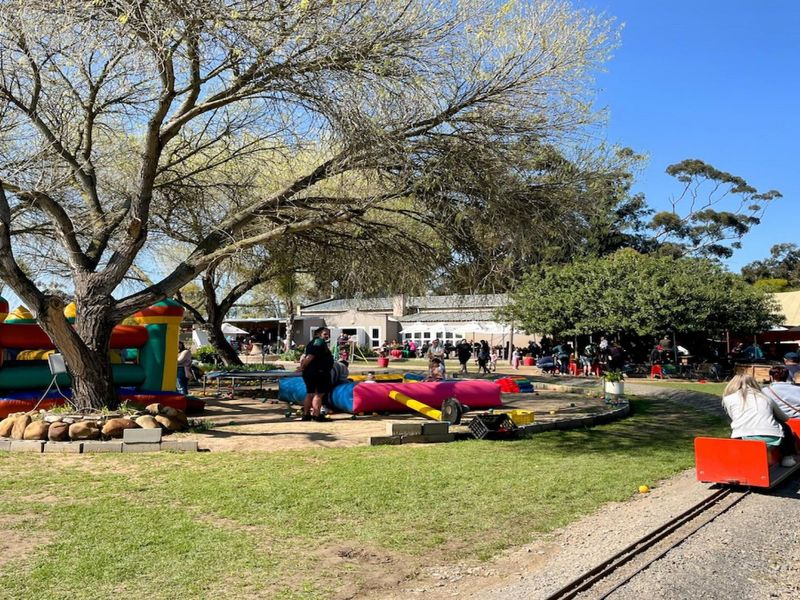 A spacious outdoor garden area featuring a miniature railway track, mature trees, and open lawn space, suitable for recreational activities.