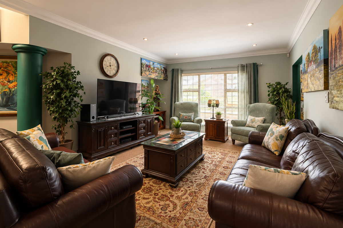 A well-maintained living room featuring decorative crown molding, recessed downlighting, and a large window that provides ample natural light.