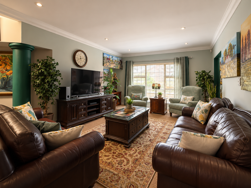 A well-maintained living room featuring decorative crown molding, recessed downlighting, and a large window that provides ample natural light.