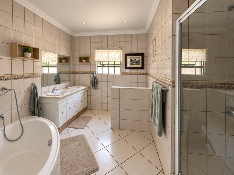 A spacious bathroom featuring a double vanity, a built-in bathtub, and a separate glass-enclosed shower with neutral ceramic tiling throughout.