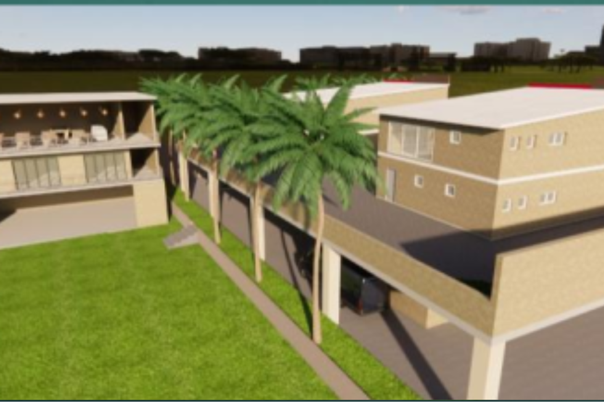 An aerial perspective of a modern multi-level property complex featuring clean architectural lines, flat roofing, and integrated outdoor balcony spaces.