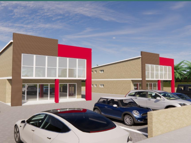 A 3D architectural rendering of a modern two-unit residential development featuring large glass facades and a paved parking area.