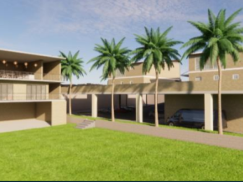 A rear view of a multi-level property featuring a covered patio, balcony, and expansive lawn area with structural concrete pillars.