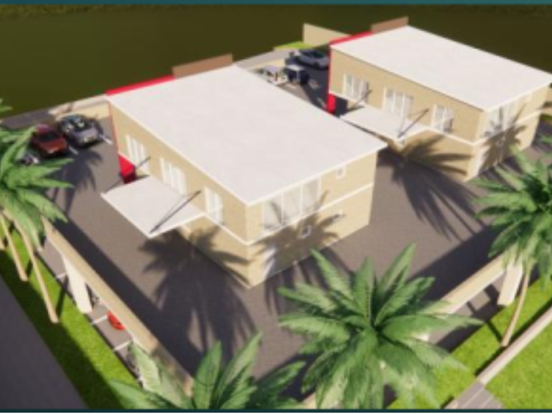 An aerial 3D architectural rendering of a residential property featuring two detached buildings, paved driveway areas, and perimeter boundary walls.