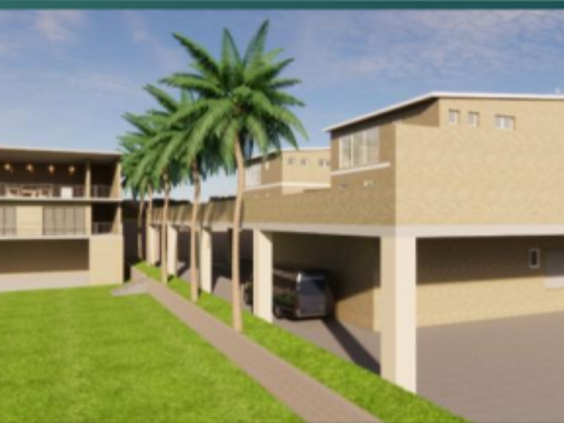 A digital rendering of a multi-level residential property featuring a covered patio, balcony, and expansive lawn area.