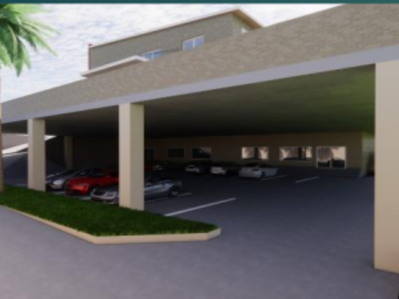 A digital rendering of a modern property featuring a large covered parking area with concrete pillars and a paved driveway.