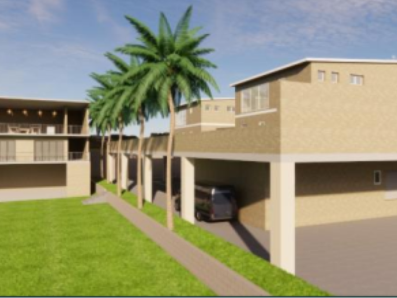 A 3D architectural rendering of a multi-level property featuring a rear lawn, covered patio, balcony, and integrated carport area.
