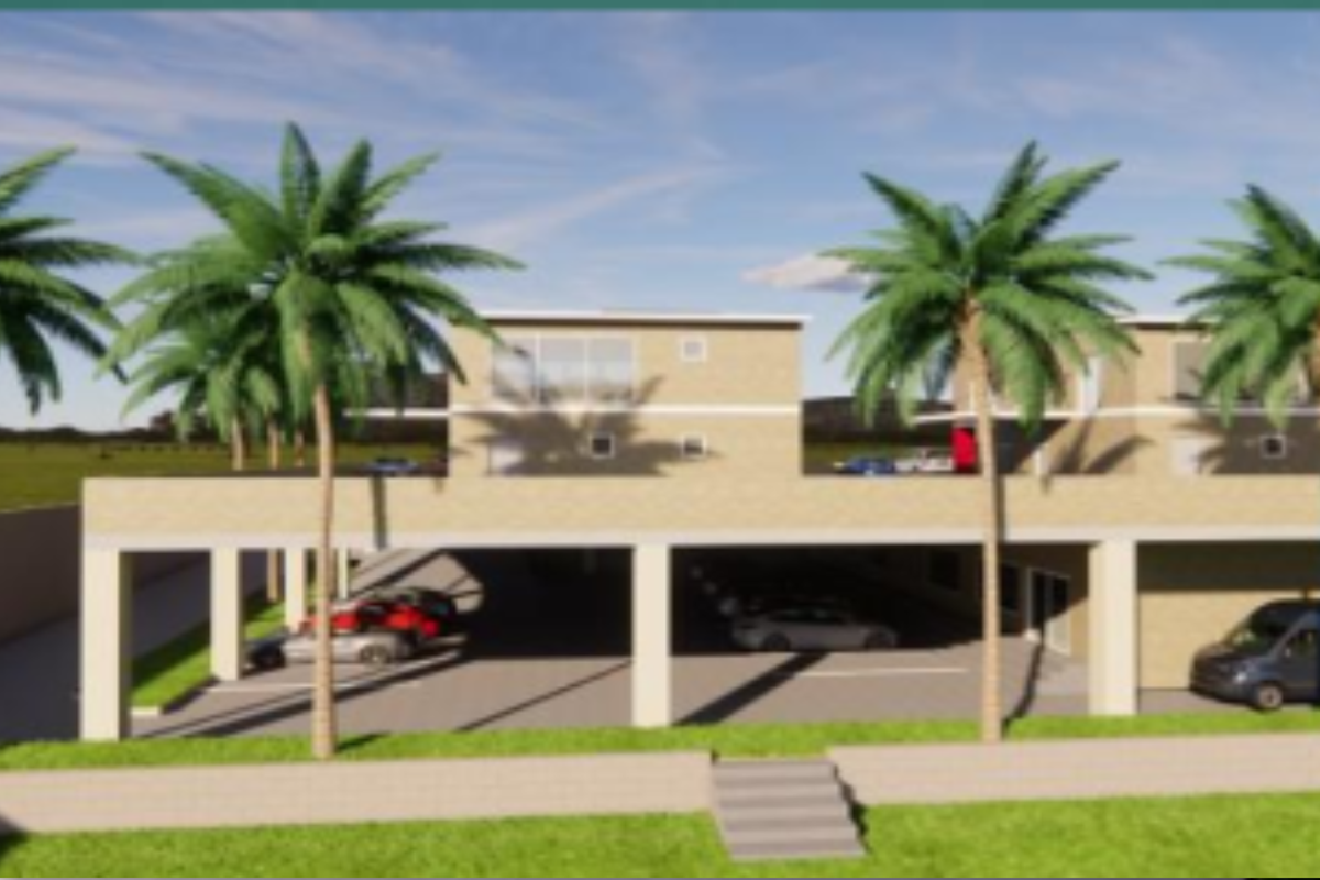 A digital rendering of a multi-level residential building featuring a covered ground-level parking area and modern architectural design.