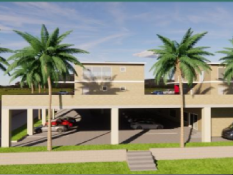 A digital rendering of a multi-level residential building featuring a covered ground-level parking area and modern architectural design.