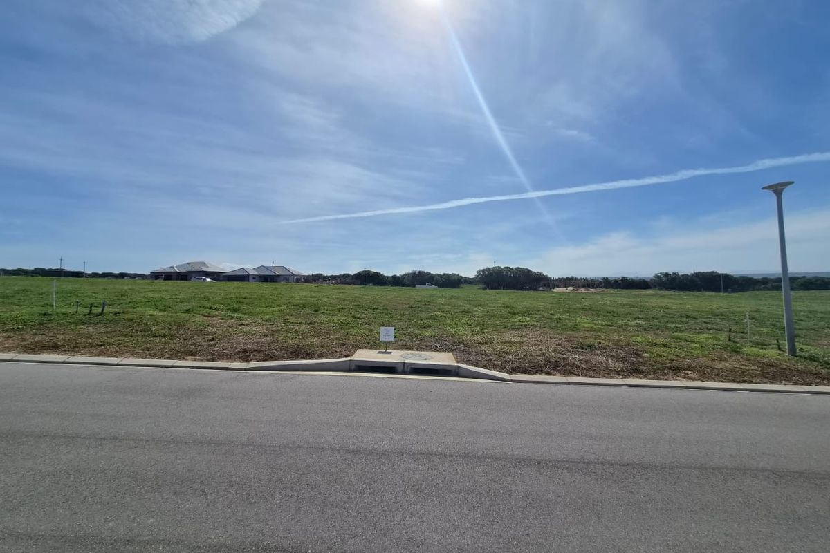 A view of a vacant residential plot featuring a paved road, concrete curb, stormwater drainage, and a street light.