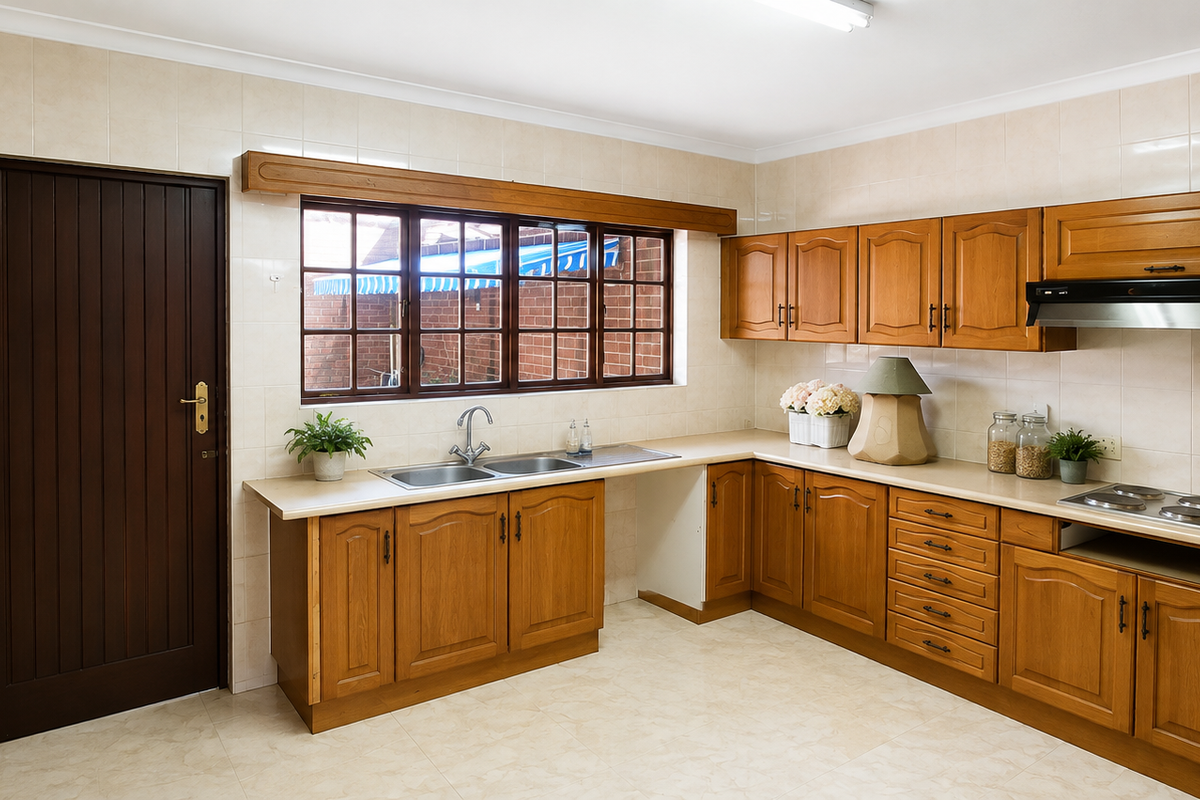A spacious kitchen featuring traditional wooden cabinetry, laminate countertops, a double bowl sink, and an integrated electric hob with an extractor fan.