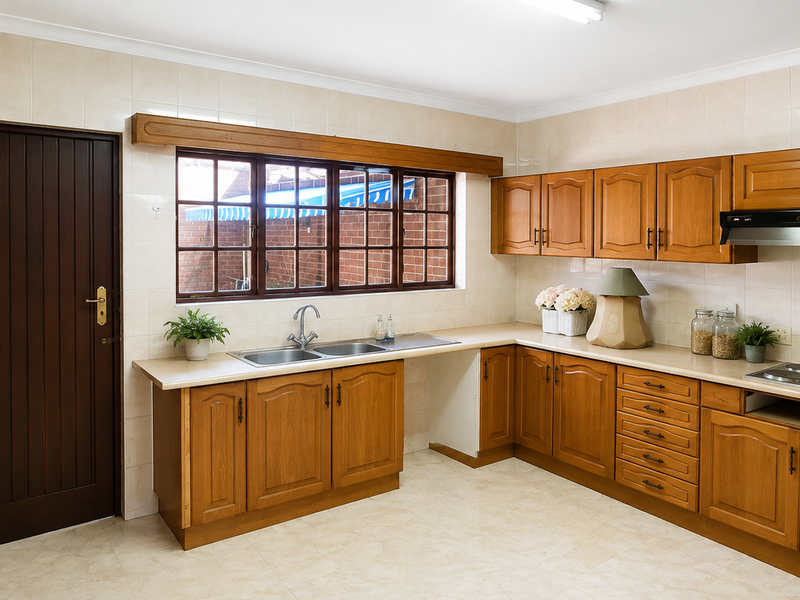 A spacious kitchen featuring traditional wooden cabinetry, laminate countertops, a double bowl sink, and an integrated electric hob with an extractor fan.