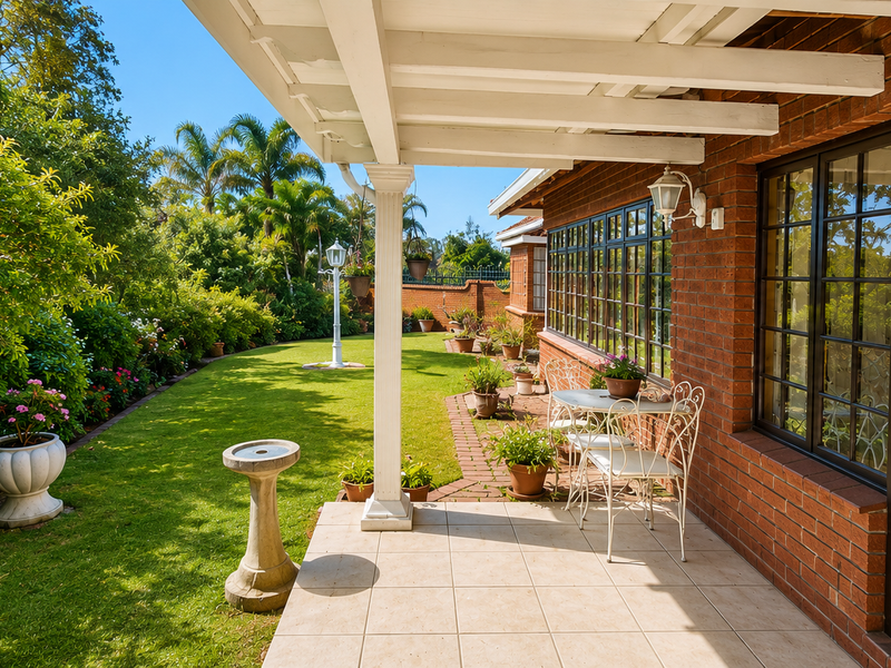 A well-maintained covered patio featuring tiled flooring and brick exterior, providing seamless access to a lush, landscaped garden area.