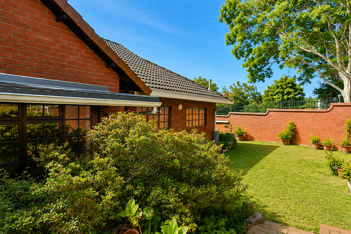 A well-maintained rear garden featuring a brick townhouse facade, tiled roof, and secure perimeter brick walling with established greenery.