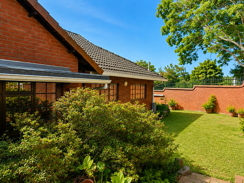A well-maintained rear garden featuring a brick townhouse facade, tiled roof, and secure perimeter brick walling with established greenery.