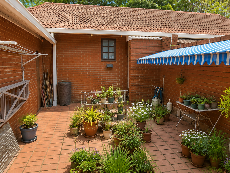 A private paved courtyard featuring exposed brick walls, a retractable blue and white striped awning, and a wall-mounted drying rack.