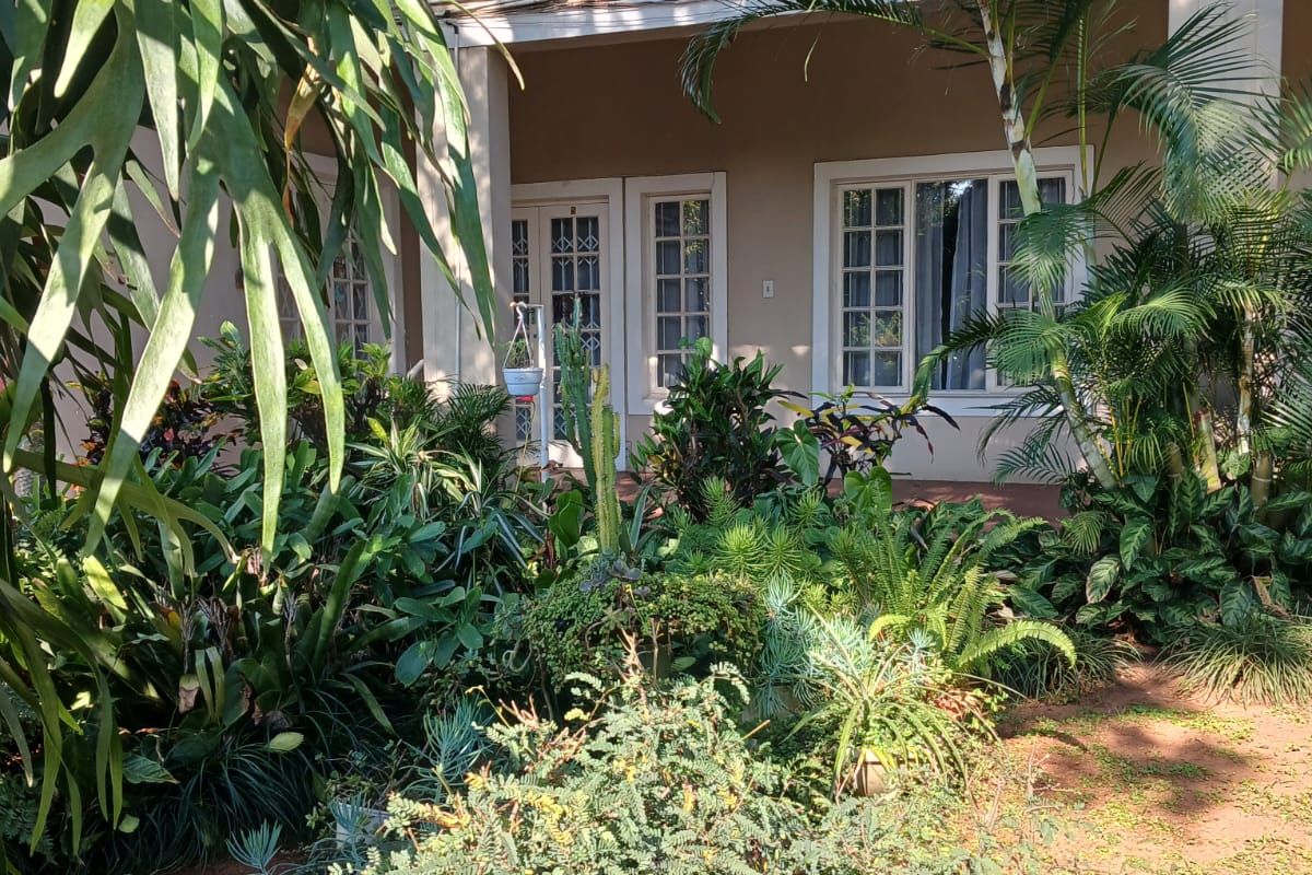 A rear view of the apartment featuring a covered patio area, french doors, and security gates, surrounded by a lush garden.