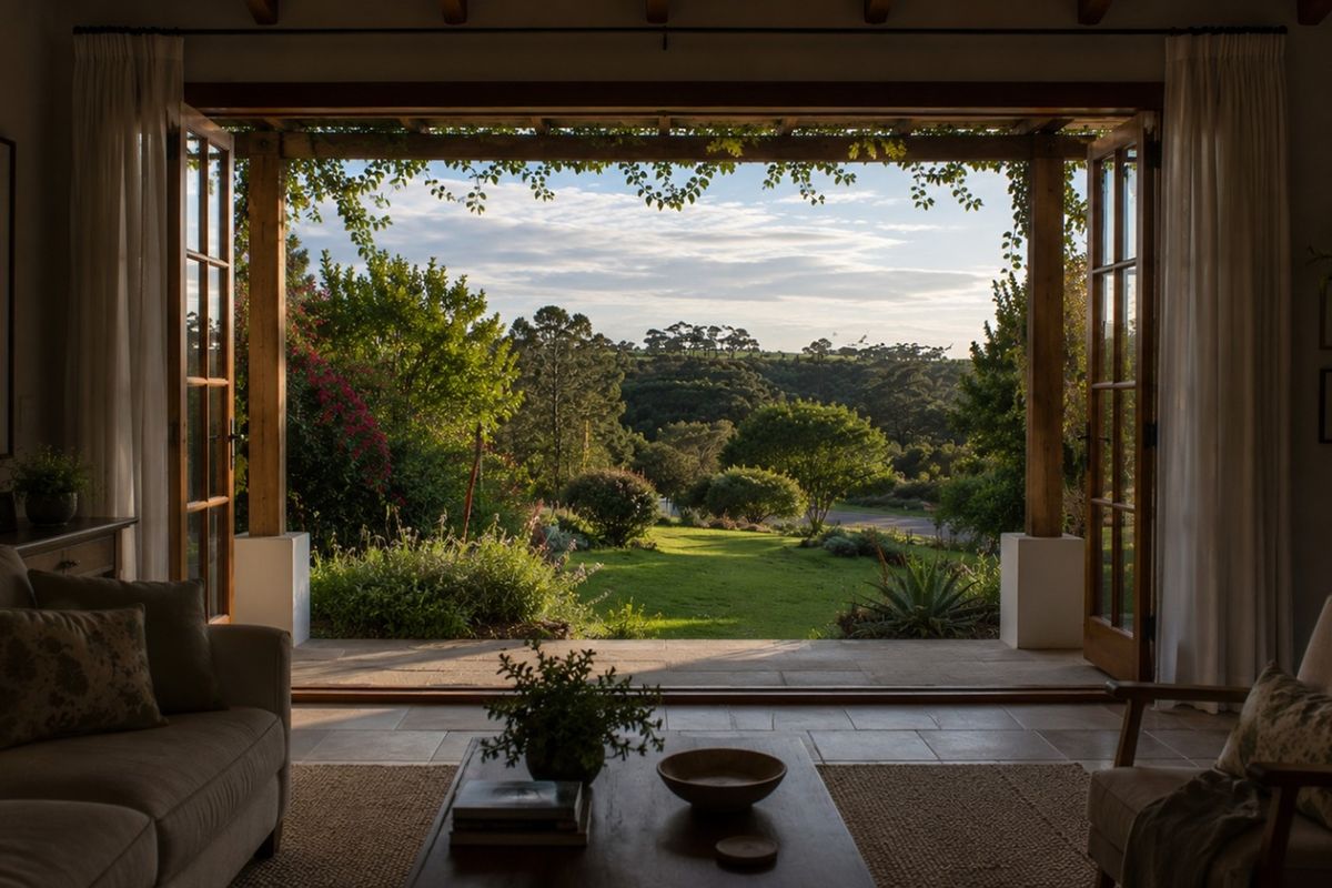 A beautifully appointed living room featuring large timber french doors opening onto a stone patio with a pergola and scenic garden views.