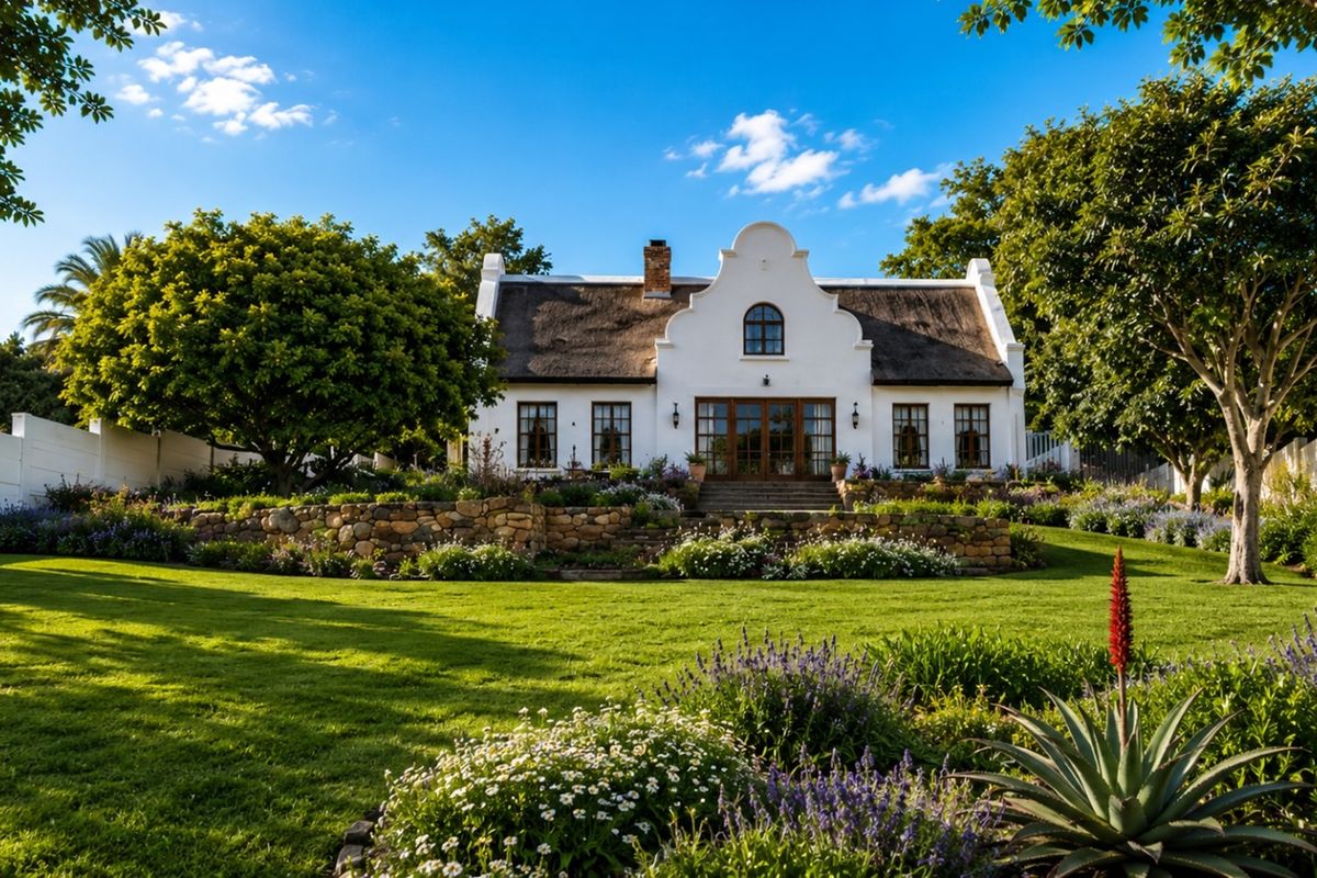 A beautifully maintained Cape Dutch style home featuring a traditional thatched roof, expansive manicured lawns, and a charming stone retaining wall.