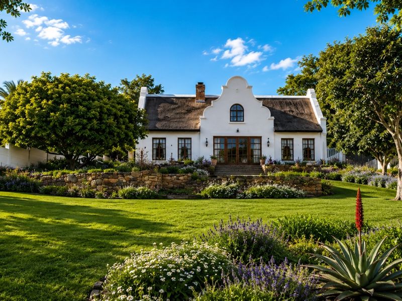 A beautifully maintained Cape Dutch style home featuring a traditional thatched roof, expansive manicured lawns, and a charming stone retaining wall.