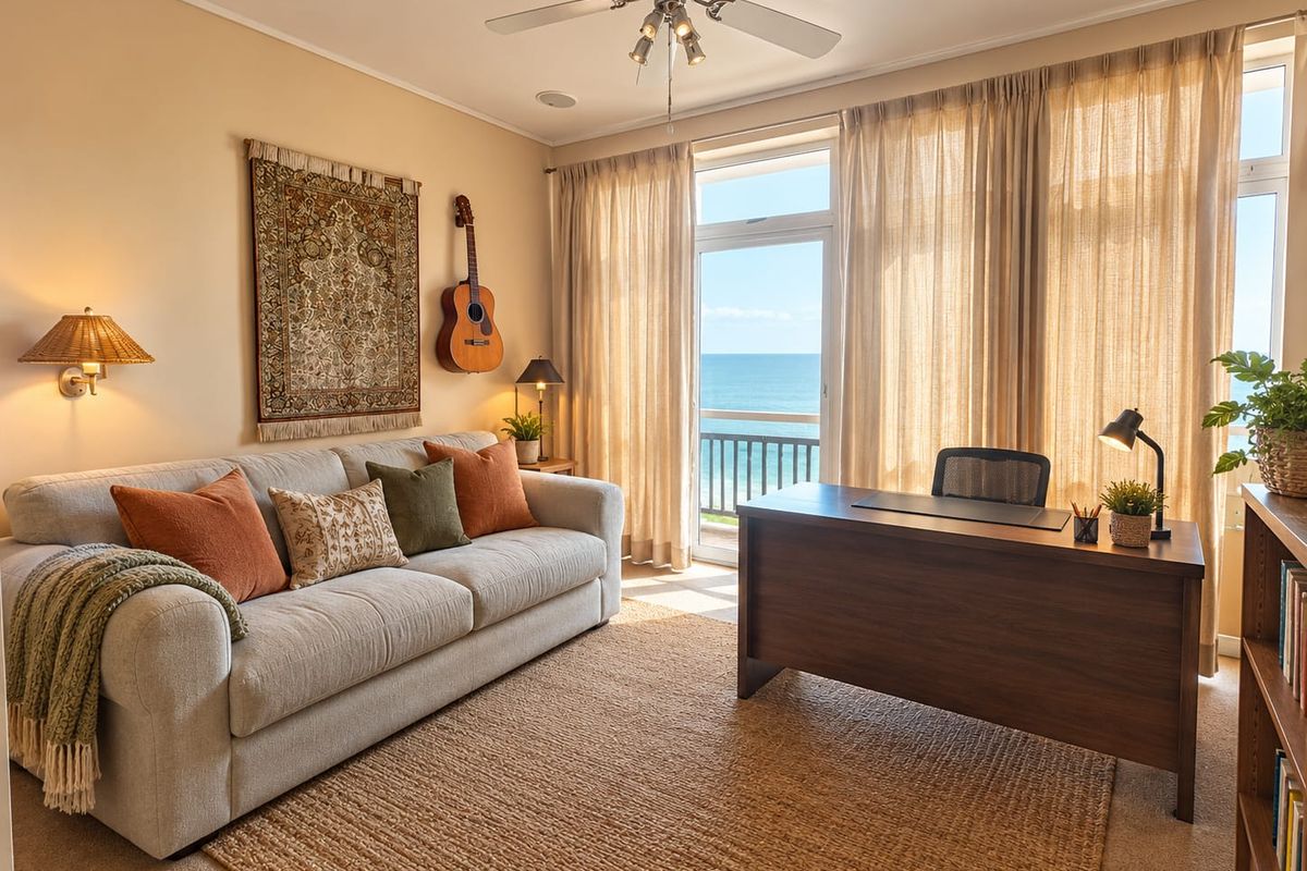 A well-maintained living room featuring a ceiling fan and large sliding glass doors that provide direct access to a balcony with ocean views.