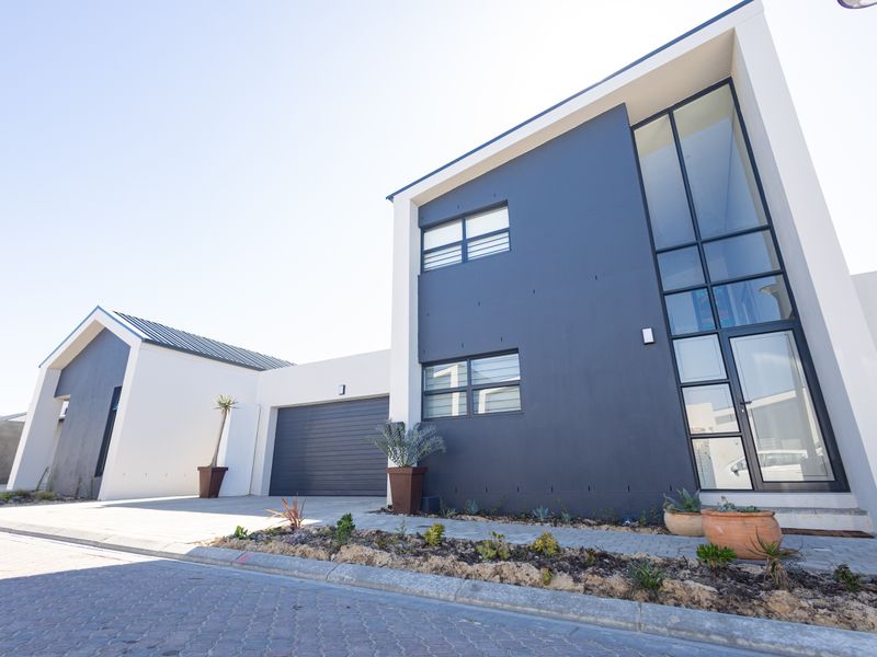 Modern double-story home featuring a striking dark facade, large glass entrance, paved driveway, and integrated double garage.
