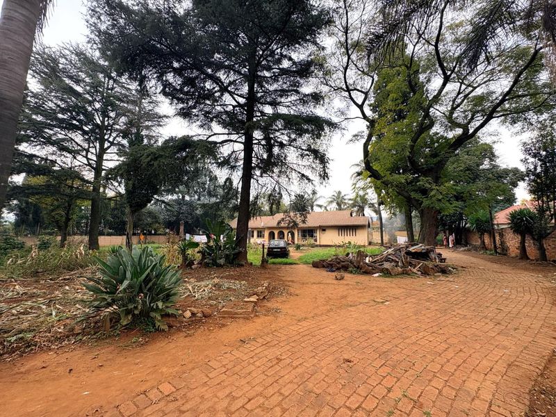 A wide-angle view of the property front elevation featuring a paved driveway, mature trees, and a large garden area.
